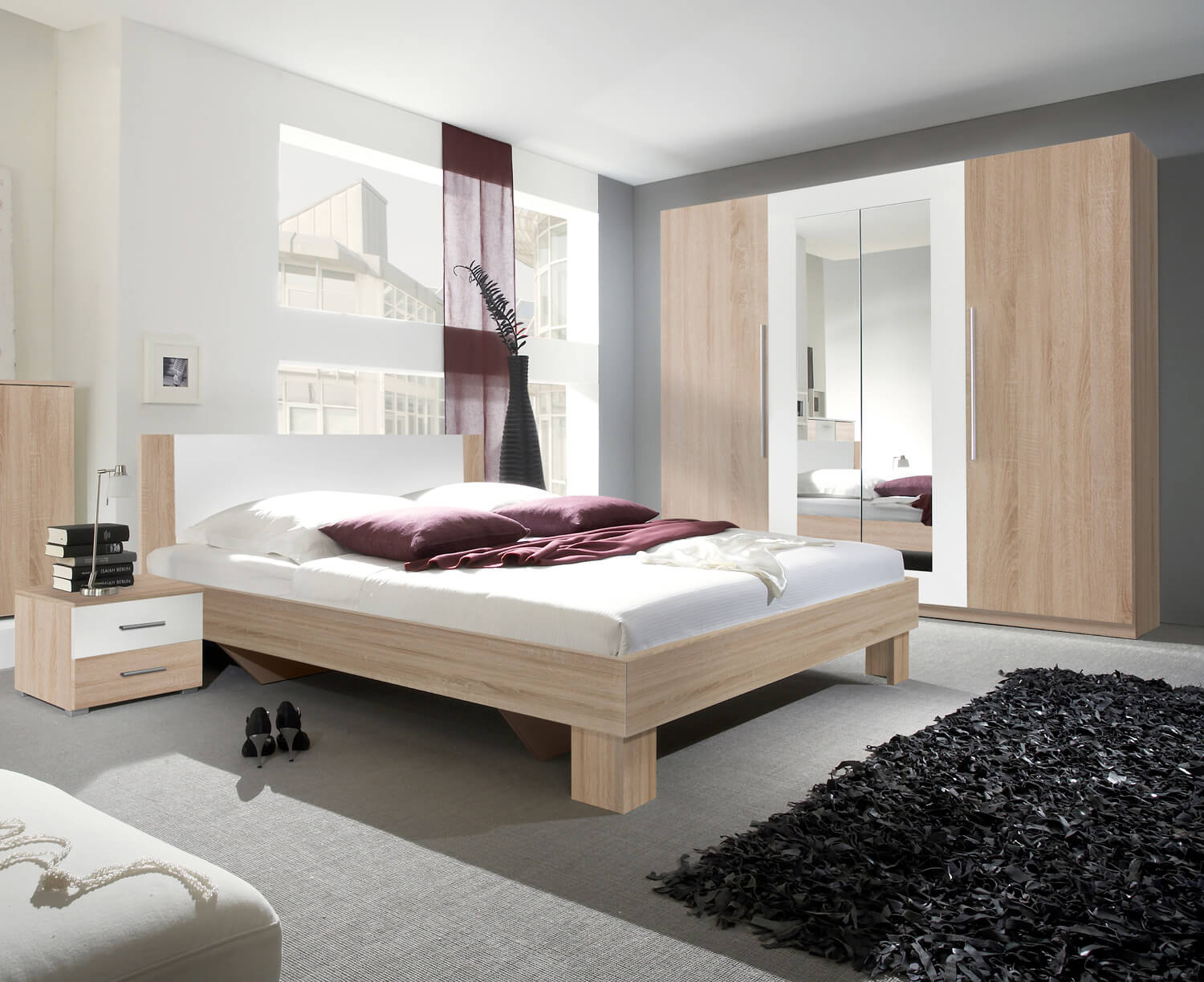 Schlafzimmer komplett 8-teilig sonoma eiche hell / weiß Bett 8x8cm  Kleiderschrank