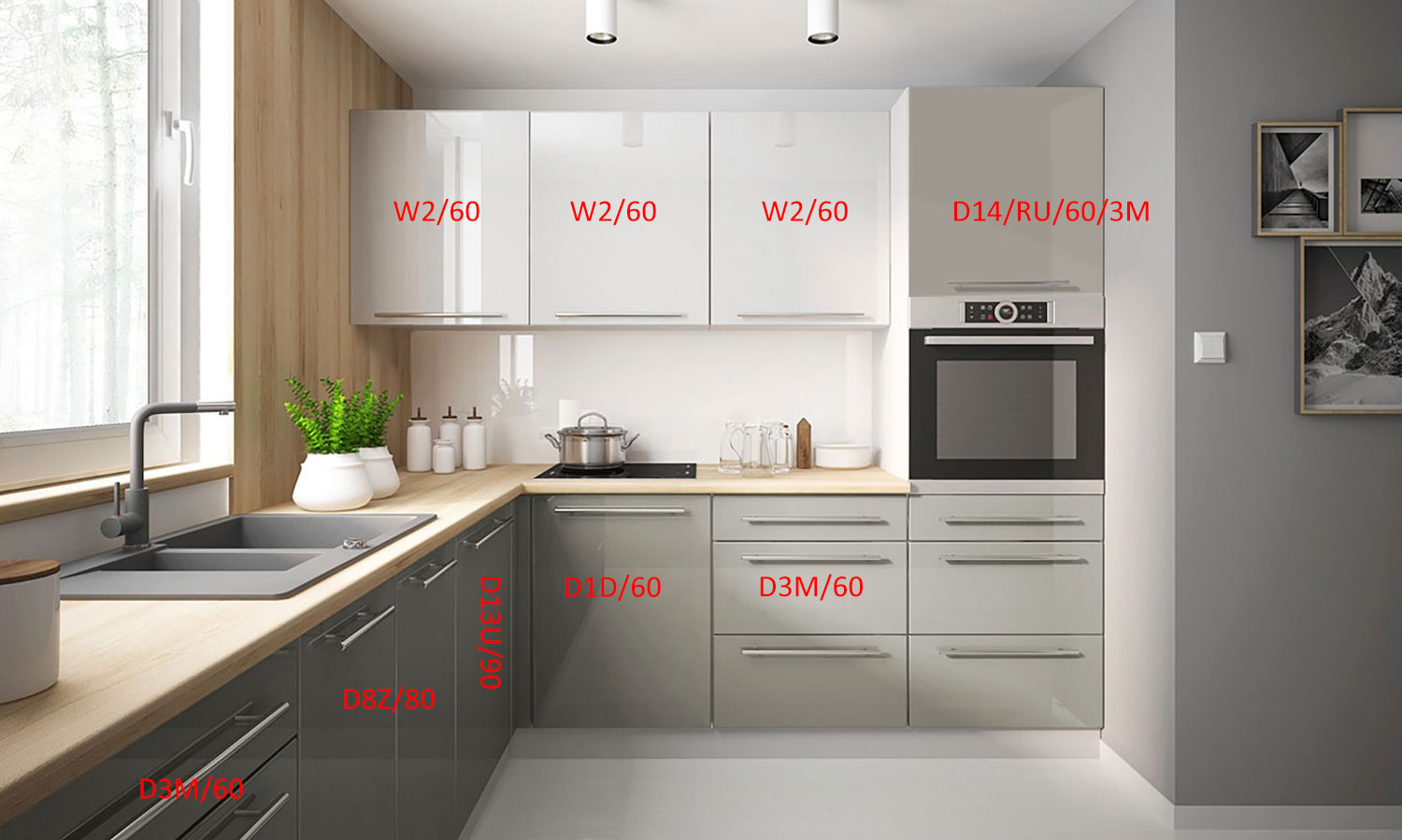 Küchenzeile L-Form Einbauküche 105x290cm grau Front weiß Hochglanz 66897773 