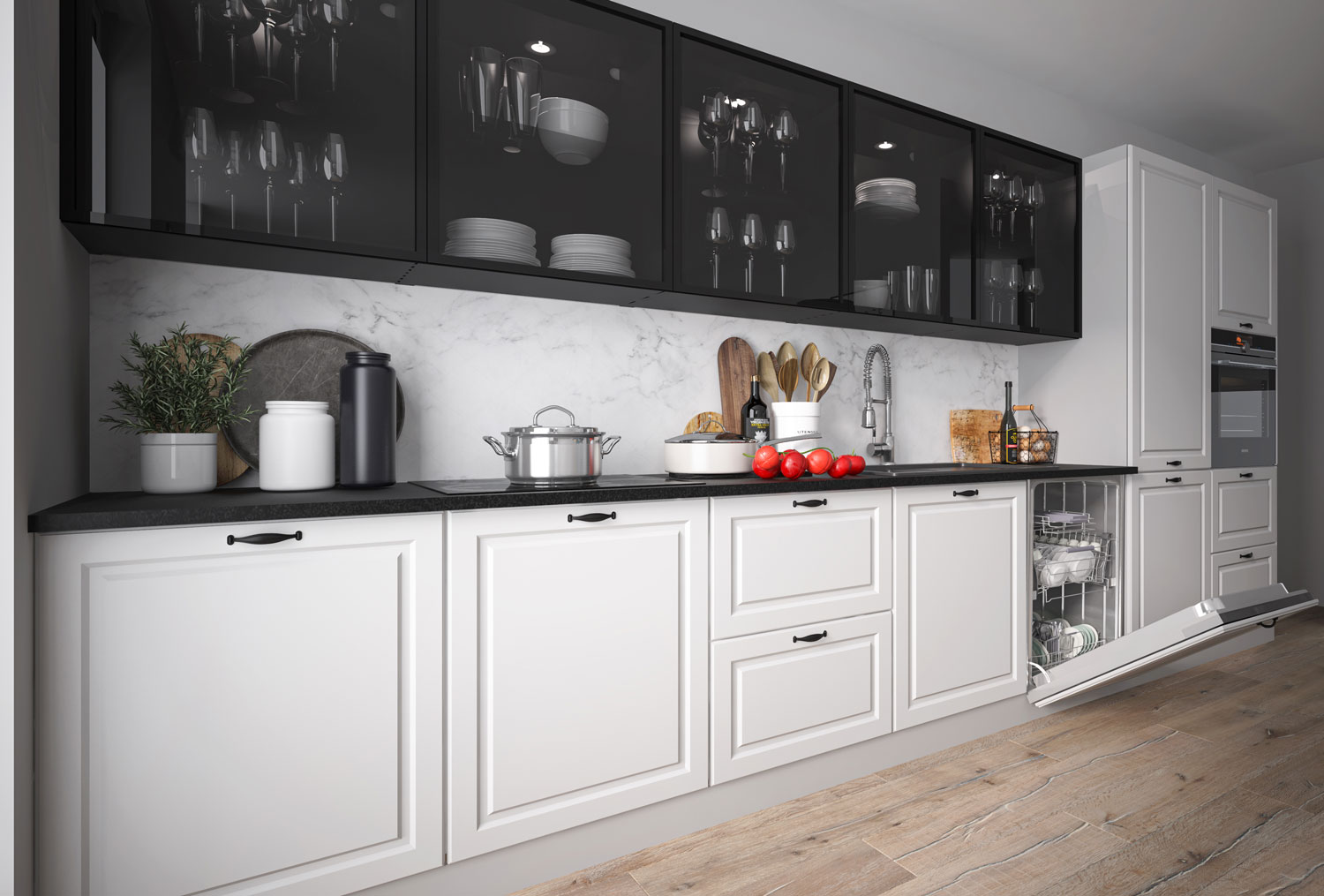 große Einbauküche Küche 420cm mit Hochschränken modern grau hochglanz lackiert 