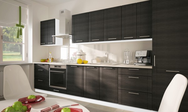 Küchenzeile "Tytan" Einbauküche 350cm weiß Fronten MDF fino schwarz